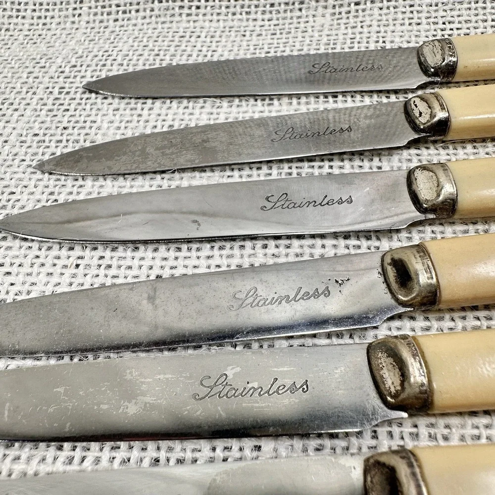 Cream Handle Stainless Steel Luncheon Knives‎ Mid Century Flatware Lot 6